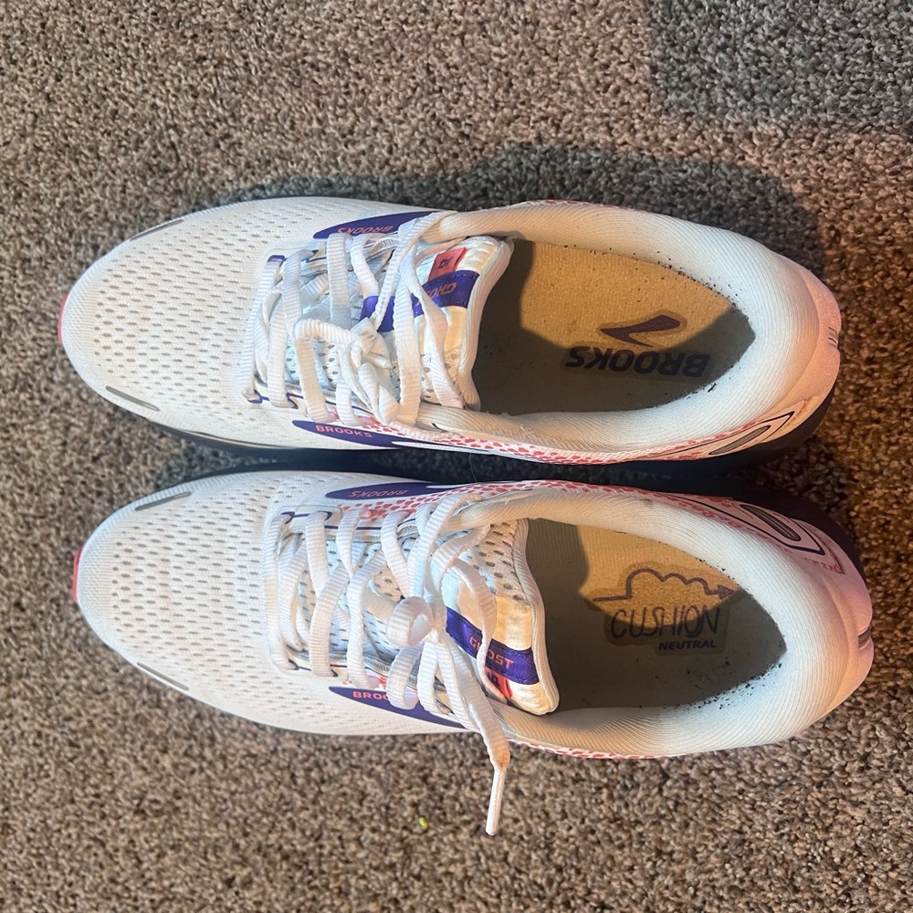 Brooks Ghost 14 White, Purple, and Coral Athletic Shoes